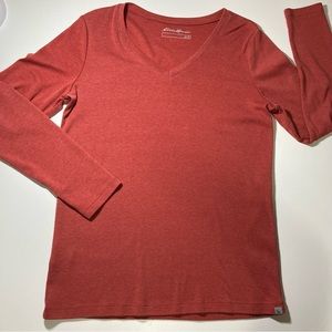Eddie Bauer Women’s XL Long Sleeved V Neck Soft Tee T Shirt Orange Coral Rust